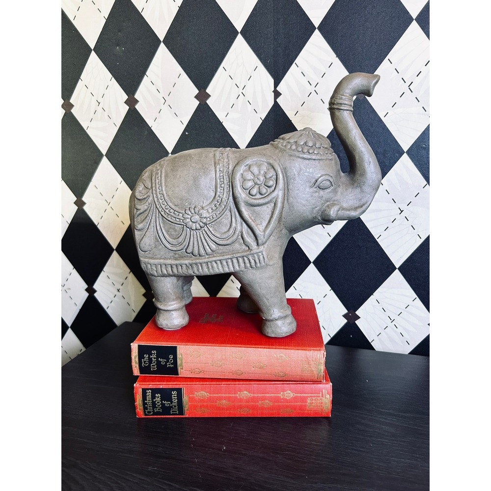 Vintage Gray Elephant Statue Trunk Up Good Luck Bohemian Decor 10"" - Picture 16 of 17